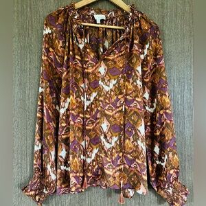 AVARA- Pinch Purple and Brown Patterned Blouse